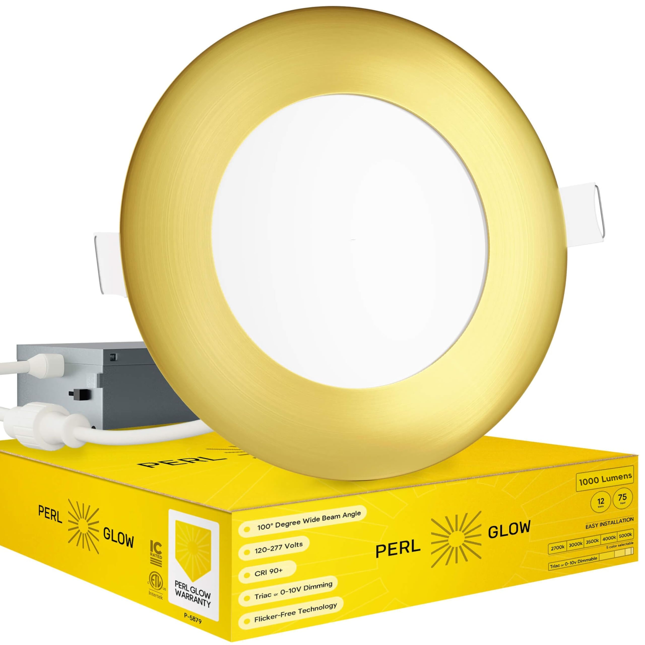 Perlglow 4 inch Slim Ultra-Thin Round Downlight Luminaire, Brushed Brass Finish, LED Recessed Light Fixtures Dimmable 12W=75W, 1000 Lumens, CRI 90+,