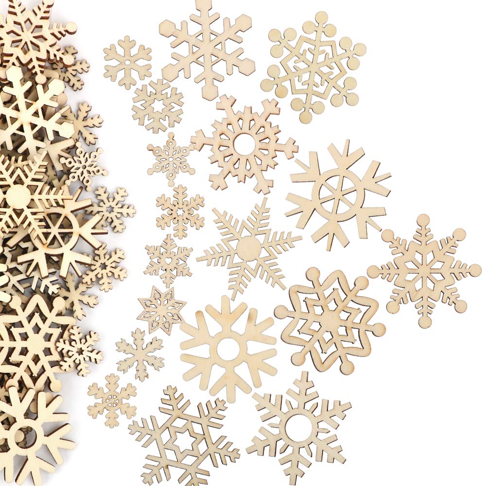 VINFUTUR 100pcs Adornos Madera Navidad de Copos Nieve Mixtos Piezas Madera de Árbol Rebanadas Pequeñas Accesorios para Decoración Árbol Navidad Hogar DIY Scrapbooking