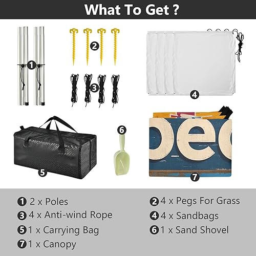 Miniatura 4 de Póster vintage de playa plegable para playa, protección UPF50+, impermeable, sombra refugio solar con bolsas de arena, pala de arena, postes para