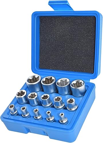 E-Torx Juego de zócalos, 14 piezas hembra E-Torx Star Socket Set, 1/4" 3/8" 1/2" Drive, E4 a E24 Torque E Externo Juego de zócalos, 14pcs Star