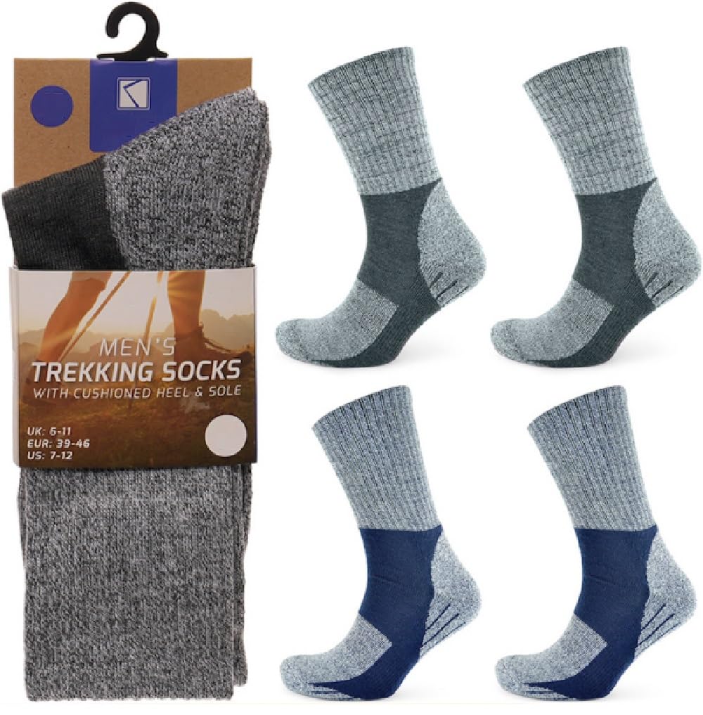 Onlybee Men's Grey And Blue 2 Pair Pack Cushioned Sports Socks Breathable Hiking Boot Socks Performance Running Walking Cycling Trekking Trainer Outdoor Uk Size 6 To 11