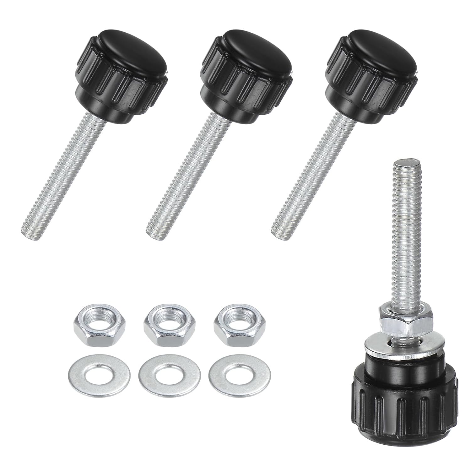 4-Set Knurled Clamping Knobs, M4x25mm Male Thread Knurled Thumbscrew W Nuts & Washers Carbon Steel Screw on Knobs Grips for Machinery/Electronic/Furniture [Black]
