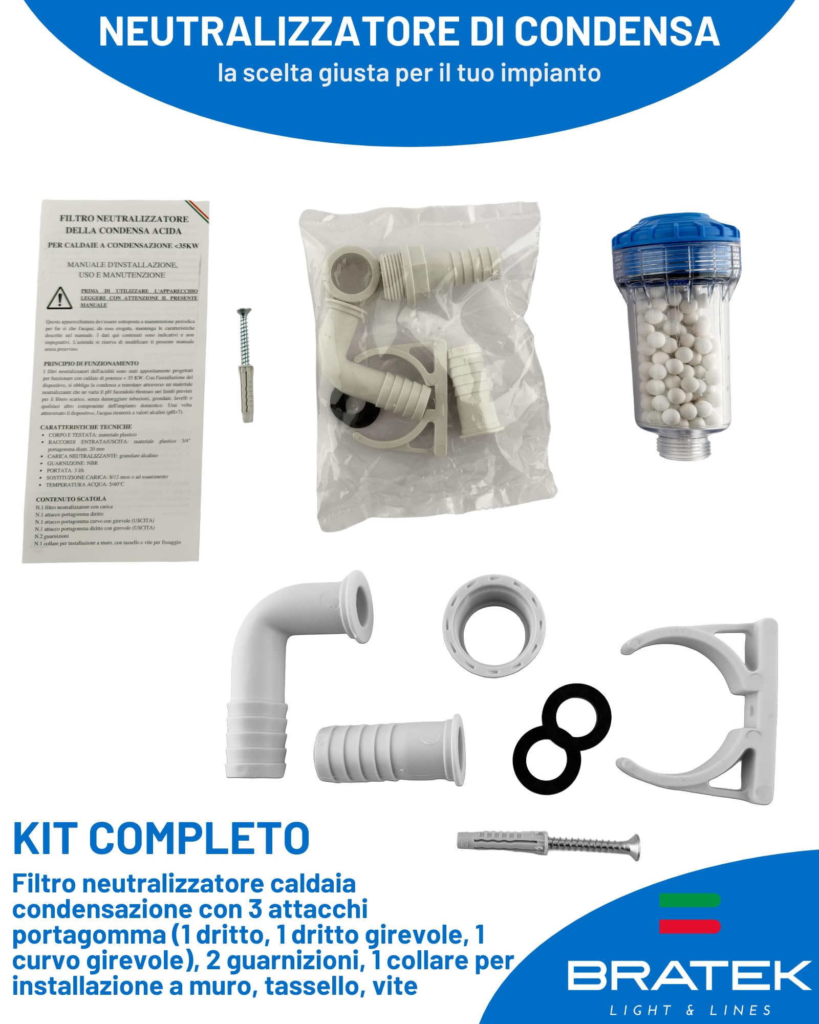 Bratek Kit Salva Caldaia a Condensazione con Defangatore Magnetico, Neutralizzatore Condensa Acida, Dosatore Polifosfati, 7 Cartucce di Ricarica - Protegge la Caldaia da Ruggine, Sabbia, Calcare