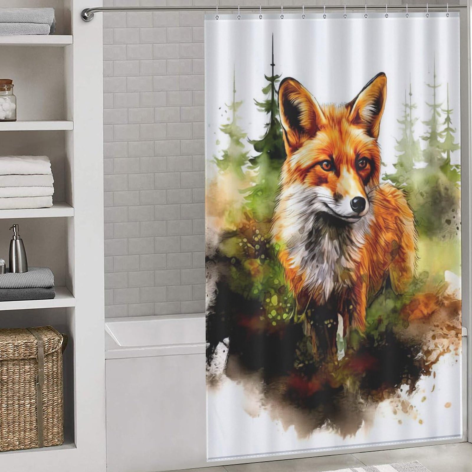 Rideau de douche renard lavable et rideau de baignoire imperméable de taille 140x183cm avec anneaux