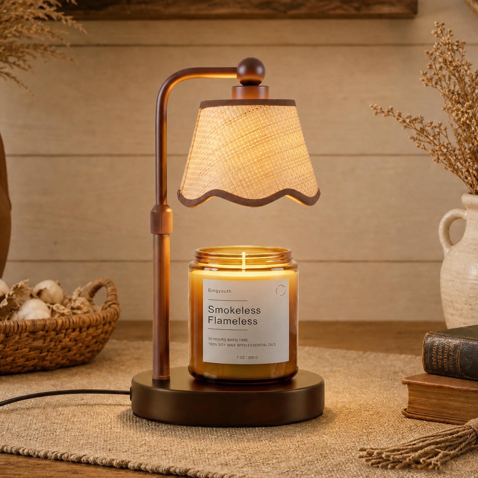 Candle Warmer Lamp with Timer and Dimmer, Adjustable Height Flameless Candle Lamp Warmer for Jar Candles, Vintage Rustic Bedside Lamp for Bedroom Living Room, Gifts for Mum Women Her, Brown Tapered