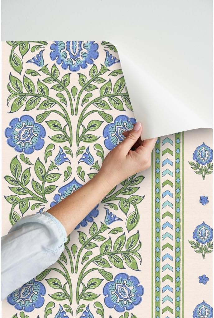 Spoonflower Peel & Stick Wallpaper 12ft x 2ft - Indian Floral Blue Flowers Green Botanical Traditional Large Scale Stamped Stripes Custom Removable Wallpaper