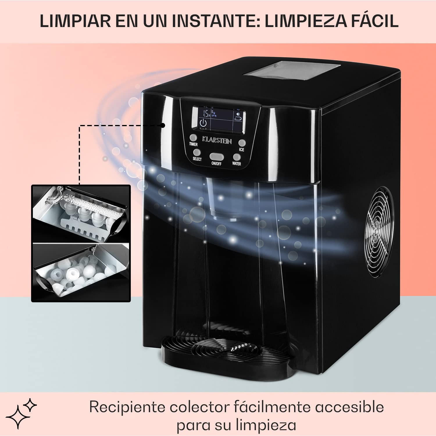Klarstein Maquina de Hielo para Encimera, Maquina Hacer Cubitos de Hielo Domestica, Producción 12 kg., Depósito Agua Capacidad 2 l. Dispensador Agua Fría, Ice Maker Sobremesa, Máquina Cubitos de Hielo