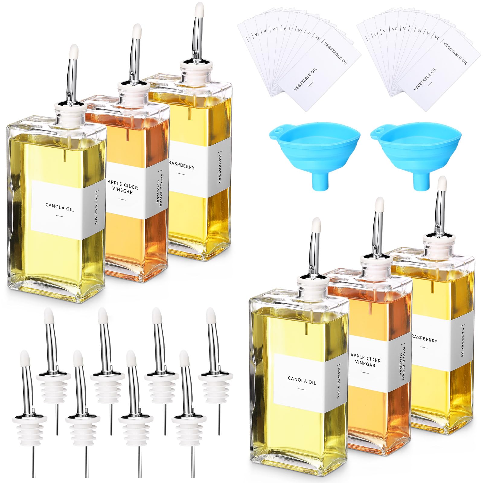 Reallnaive 6 Sets Olive Oil Dispenser Bottles for Kitchen with Nozzles Funnel Labels Cooking Oil Dispenser 500ml Set for Kitchen Vinegar Coffee Syrup