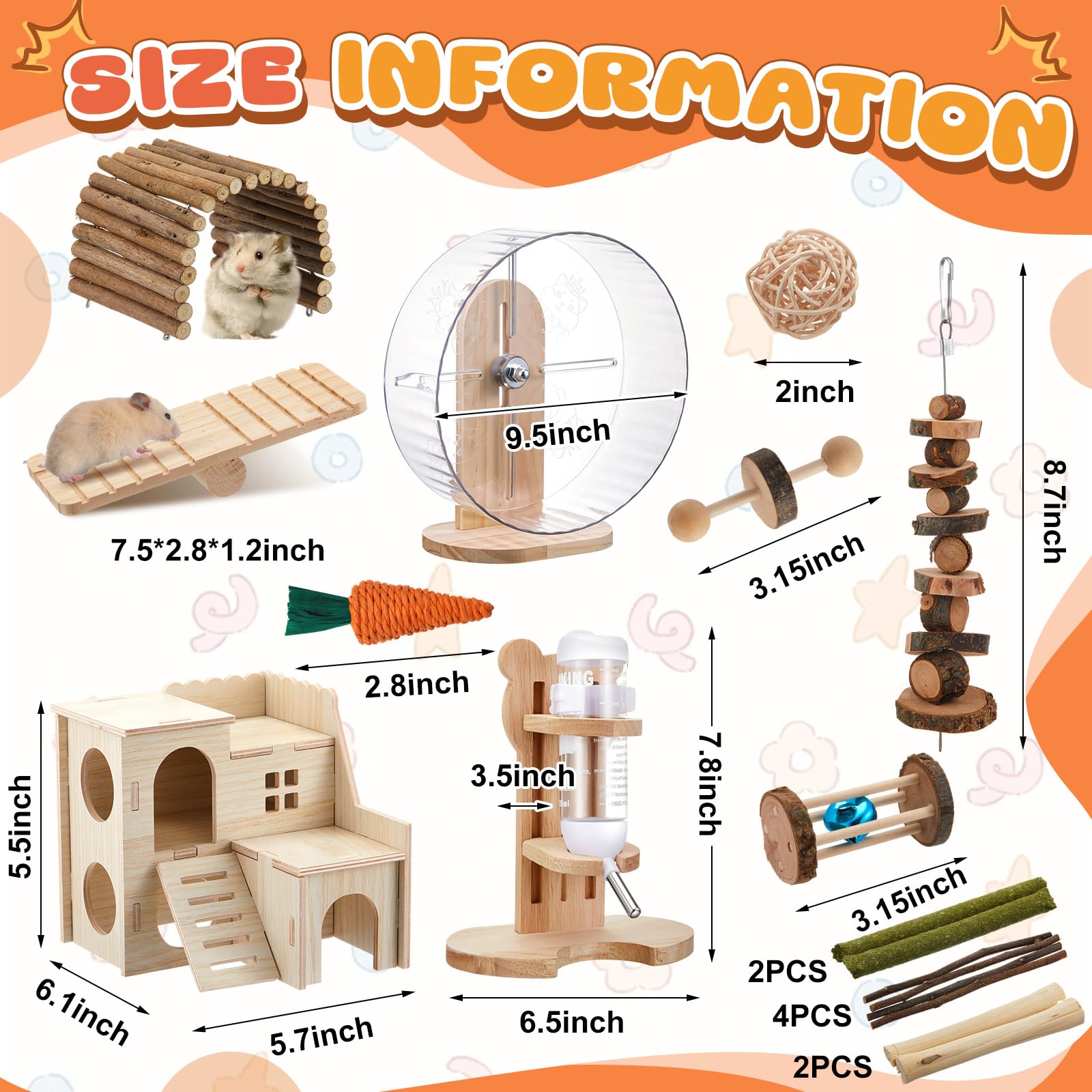 Sonwyoung 18 Pcs Hamster Cage Accessories, Silent Hamster Wheel, 15 Chew Toys Set, Maze Wood House and Water Bottle Set for Rat Mice Small Animals Habitat (Fun Interactive Style) - image 2