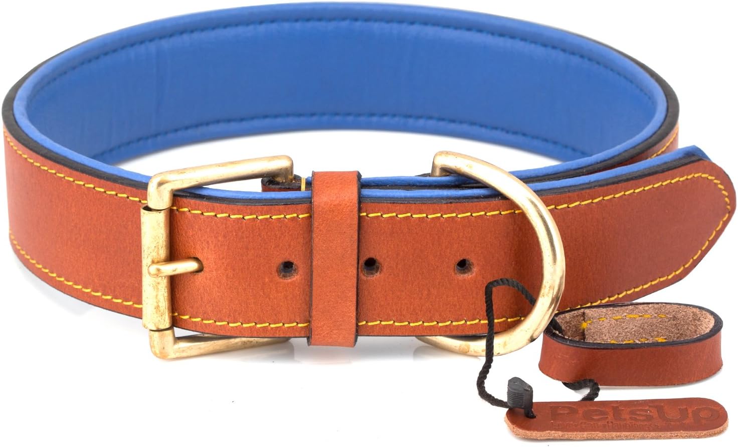 PetsUp Padded Leather Dog Collars (X-Large, Royal Collar- Tan/Blue)