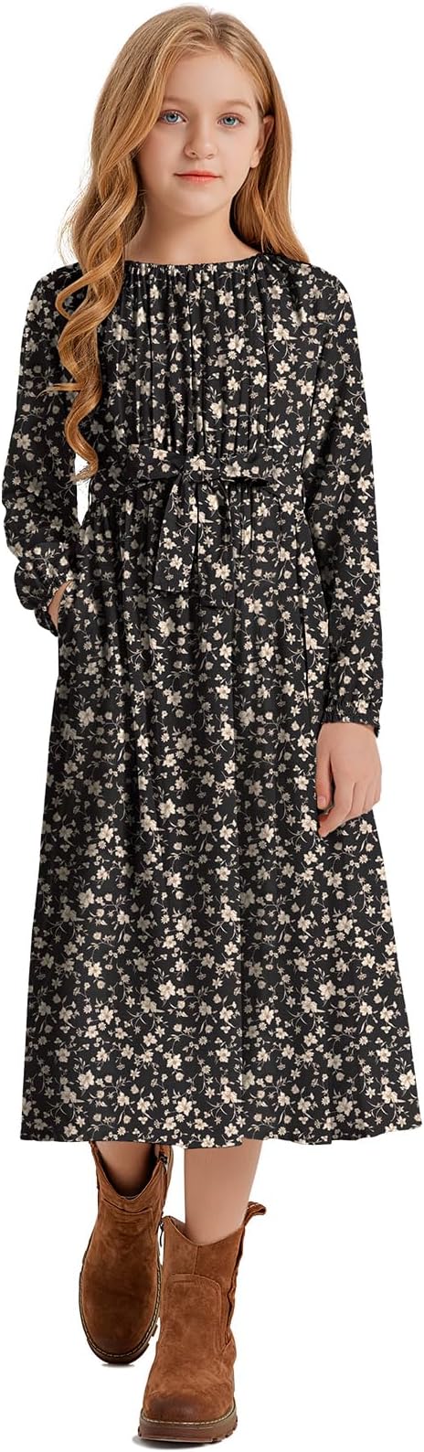 LaBeca Girls Casual Elastic Crew Neck Floral Printed Solid Color A-line Swing High Waist Midi Belted Dress with Pocket
