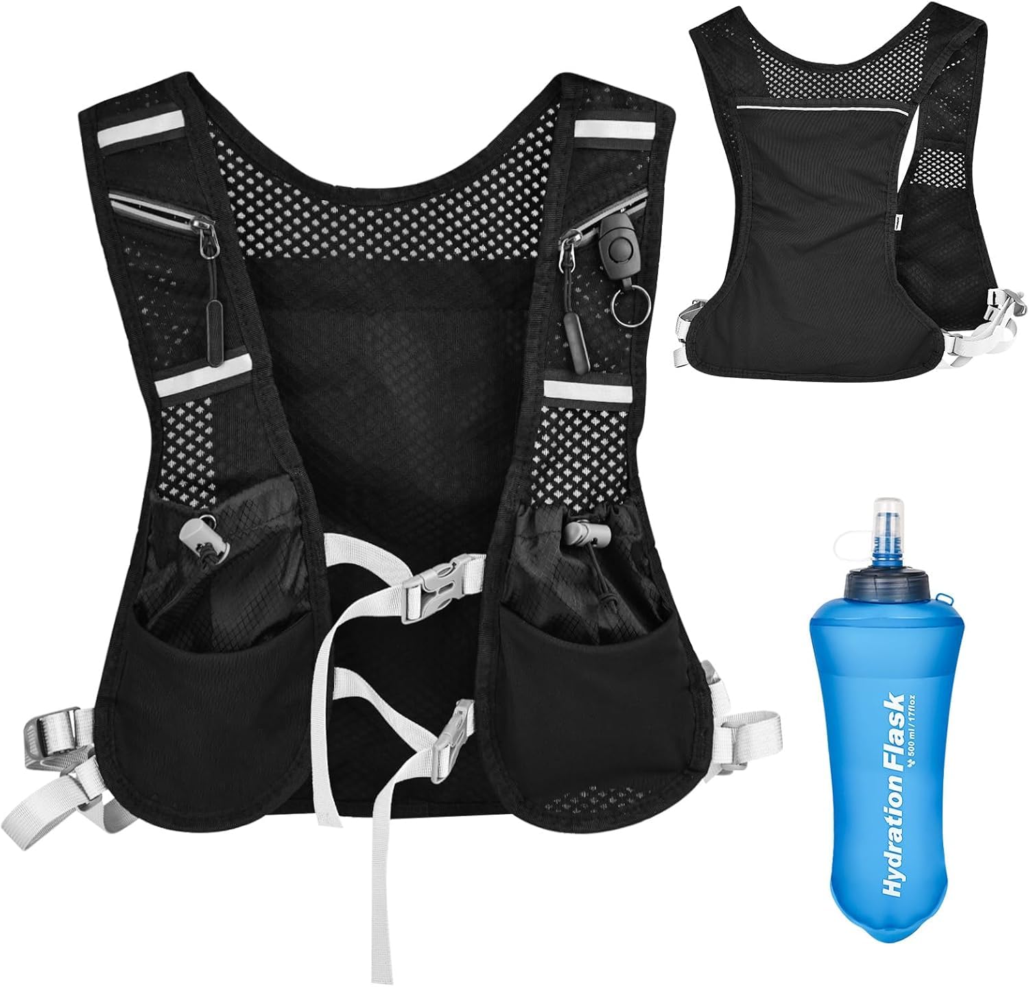 CTDMJ Adjustable Running Vest for Men & Women, Lightweight Running Hydration Backpack Vest With 500ml Water Bottle & Phone Bag, Breathable Reflective Running Vest
