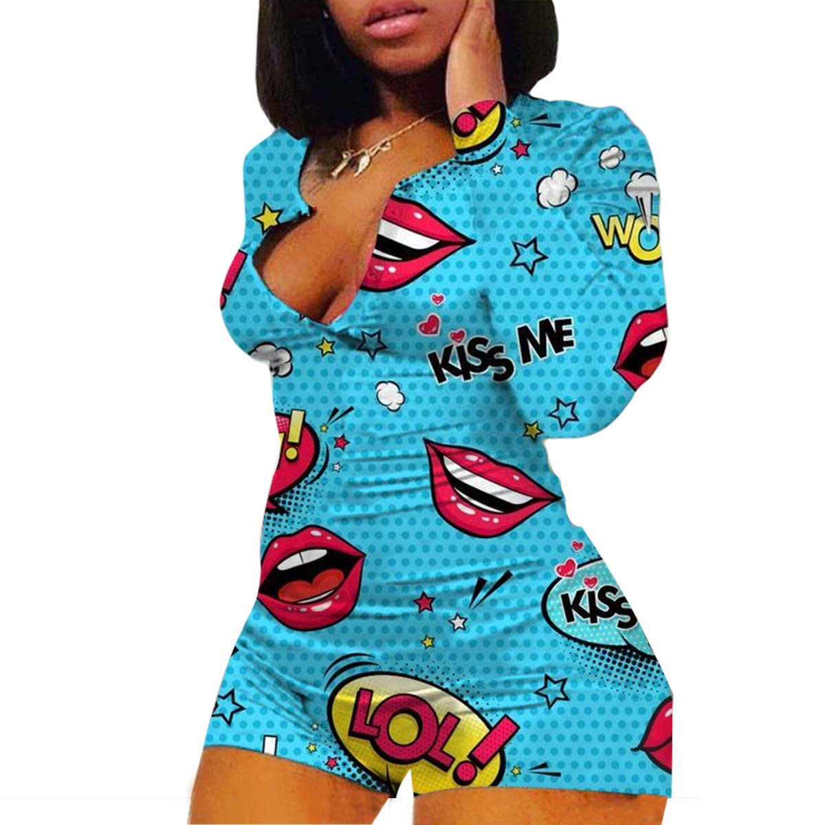 zhangqingWomen 's V-Neck Bodysuit Jumpsuits Print Short onesies Stretch Long Sleeve Pajama Romper