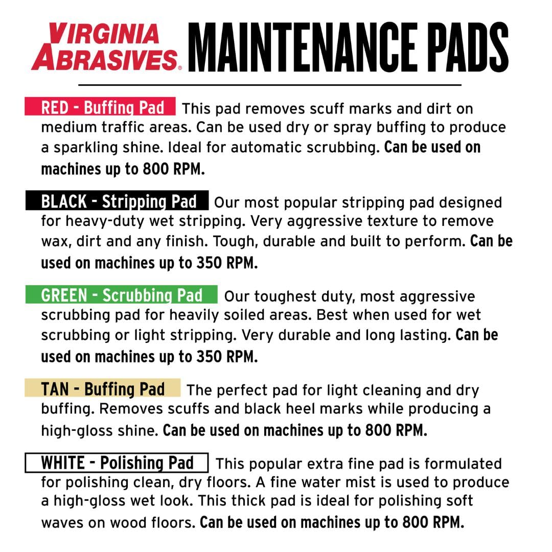 Virginia Abrasives Almohadillas de mantenimiento de suelos rojas de 17 pulgadas, almohadillas sintéticas no tejidas para pulido/eliminación de arañazos para máquinas orbitales