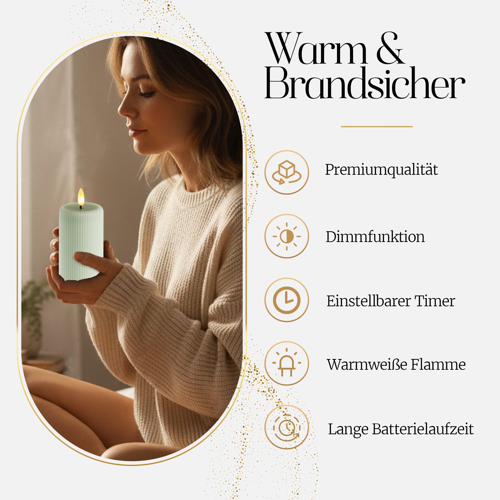 Meisterhome® LED-Kerzen 4er-Set Sage - Flammenlos – Stumpenkerzen mit Fernbedienung & Timer – batteriebetrieben – warmweißes Licht – Ø 7,5/10 cm, Höhe 10/15 cm – Riffel-Design – flackernde Flamme