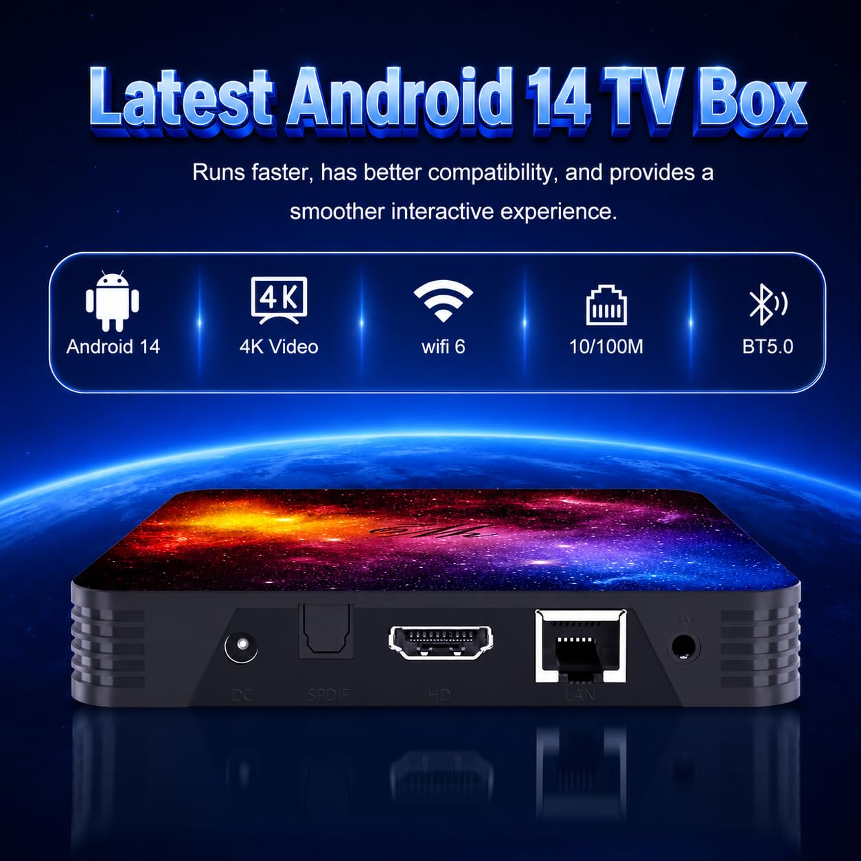 Android TV Box 14 4Go RAM 64Go ROM, procesador de Cuatro núcleos, WiFi 6, Bluetooth 5.0, HDMI y USB 2.0, USB 3.0, Puerto LAN, Caja de TV