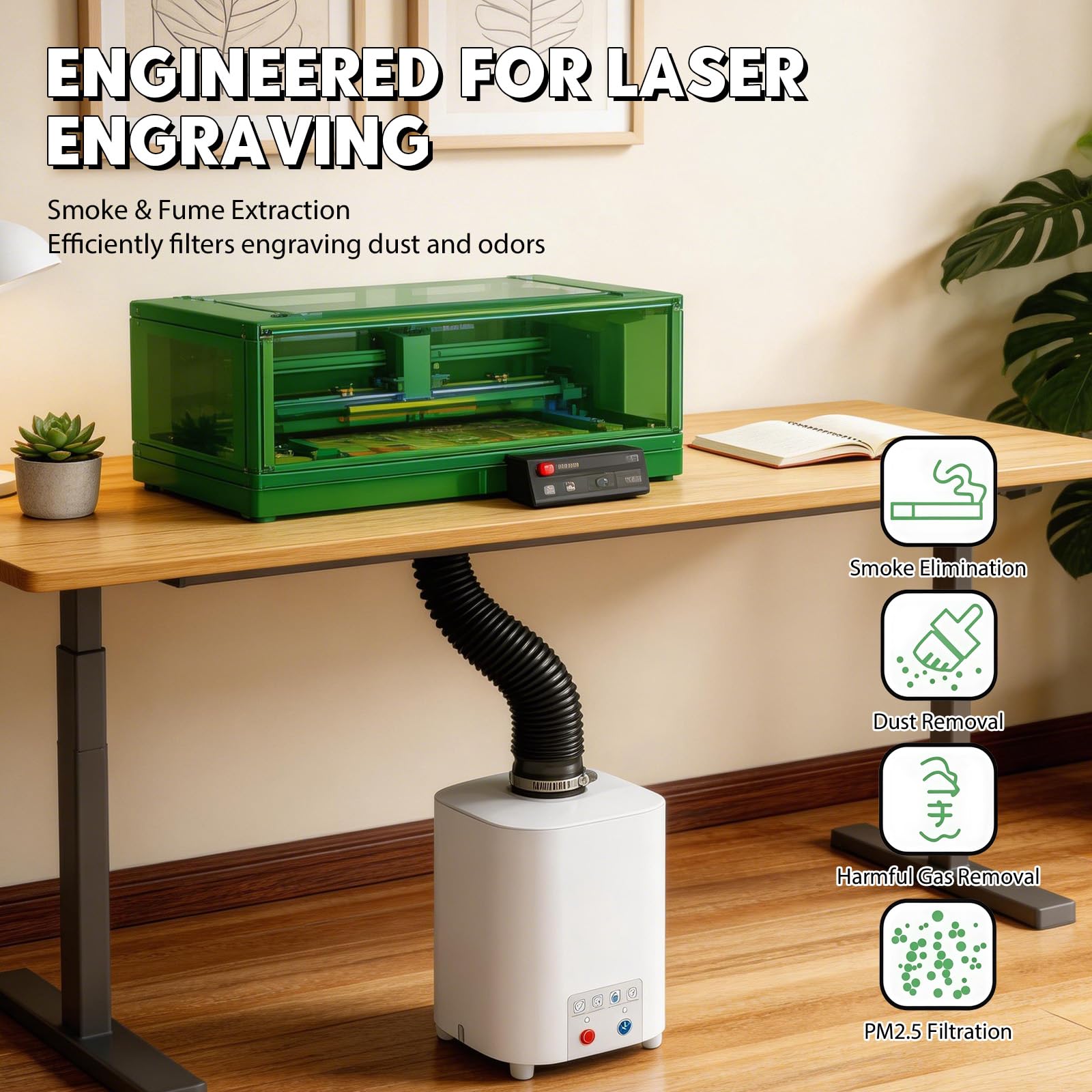 Purificador de aire para grabado láser extracción de humo portátil | para grabador con sistema de filtración de 3 niveles, mini absorbedor de humo, extracción de 2 en 1, carbón activo y filtro