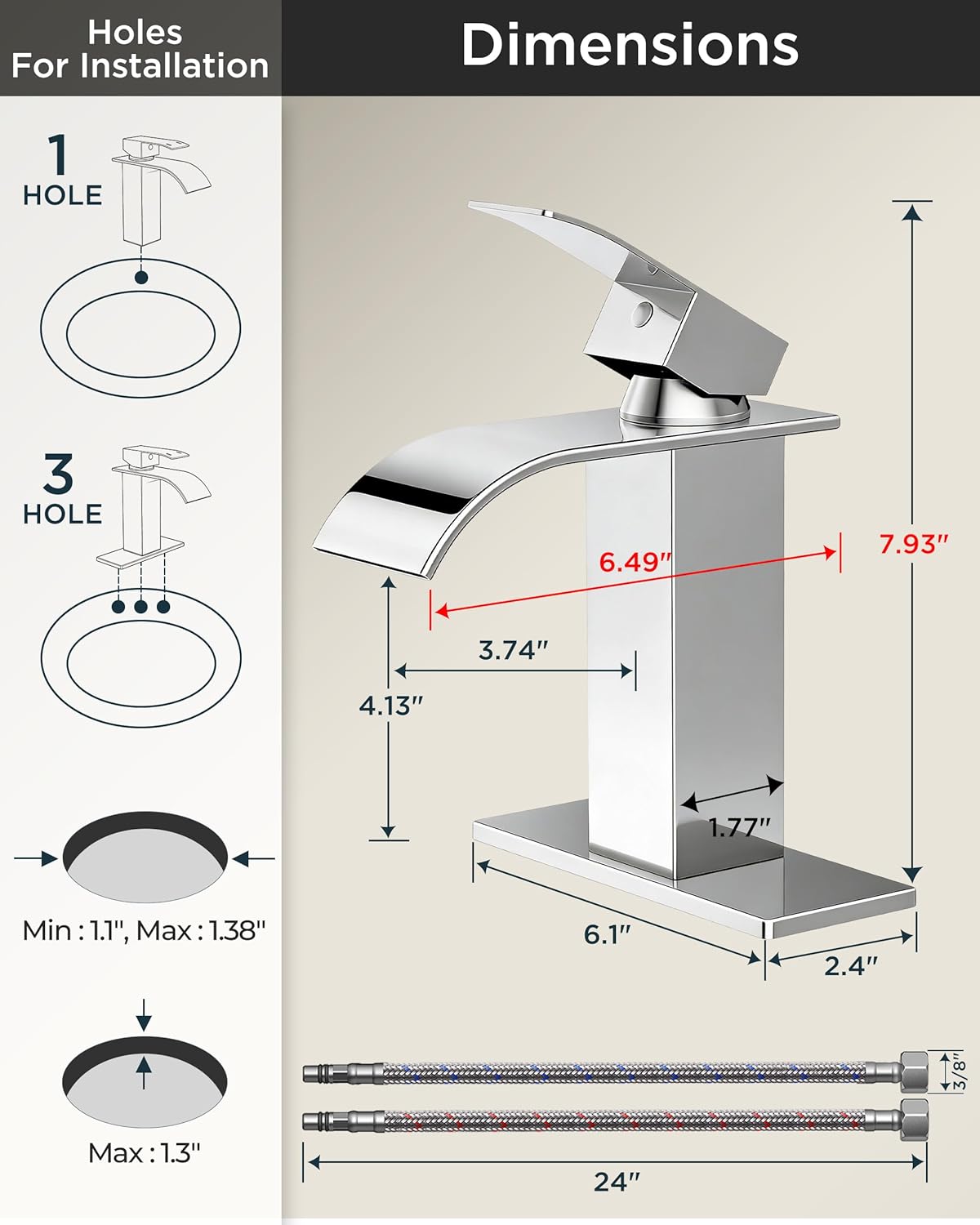 FORIOUS Chrome Waterfall Bathroom Faucets 1 or 3 Hole, Vanity Single Bathroom Sink Faucet with cUPC Supply Line and Pop Up Drain, Suitable for Basin, Rv, Restroom Sink