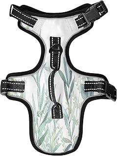 Seamless Turquoise Green Botanical Herbs on White Watercolor Floral Dog/Cat Vest Harness, Reflective Adjustable Antiskid No Pull Pet Harness with Leash Clips Easy Control Handle for Cats Dogs S
