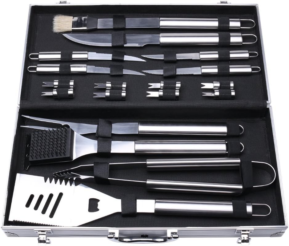 GreatHealth 18-Pcs BBQ Tool Set Portable Barbecue Grilling Tools Set with Deluxe Stainless Steel in Aluminum Case Gift for Tailgate Camping Home or Outdoors