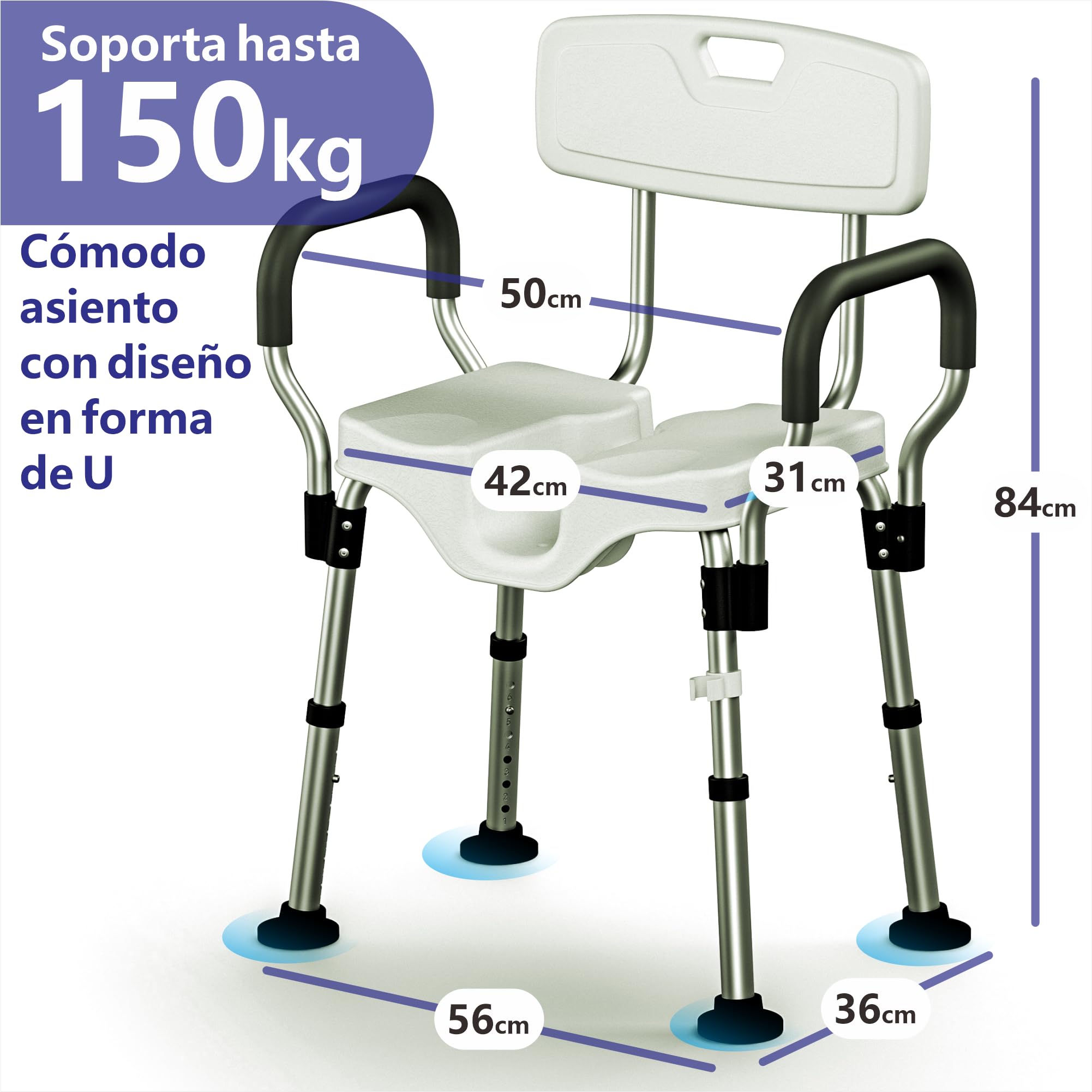 Silla de Ducha, Taburete Baño, Diseño de Ranura en Forma de U | Regulable en Altura, con Reposabrazos y Respaldo, patas antideslizantes, Capacidad de carga para Personas Mayores (150 kg)