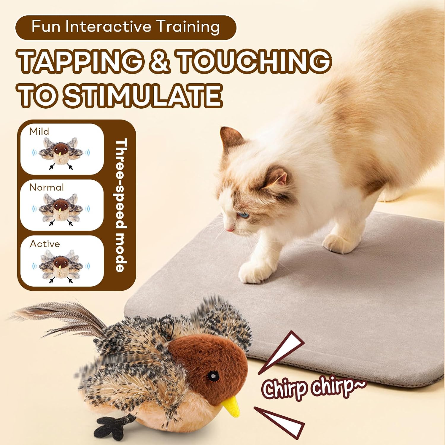 Interactive Chirping Bird Cat Toy, Rechargeable Automatic Cat Toy with Real Bird Sound and Feather Tail, Kicker Toy for Indoor Cats and Kittens