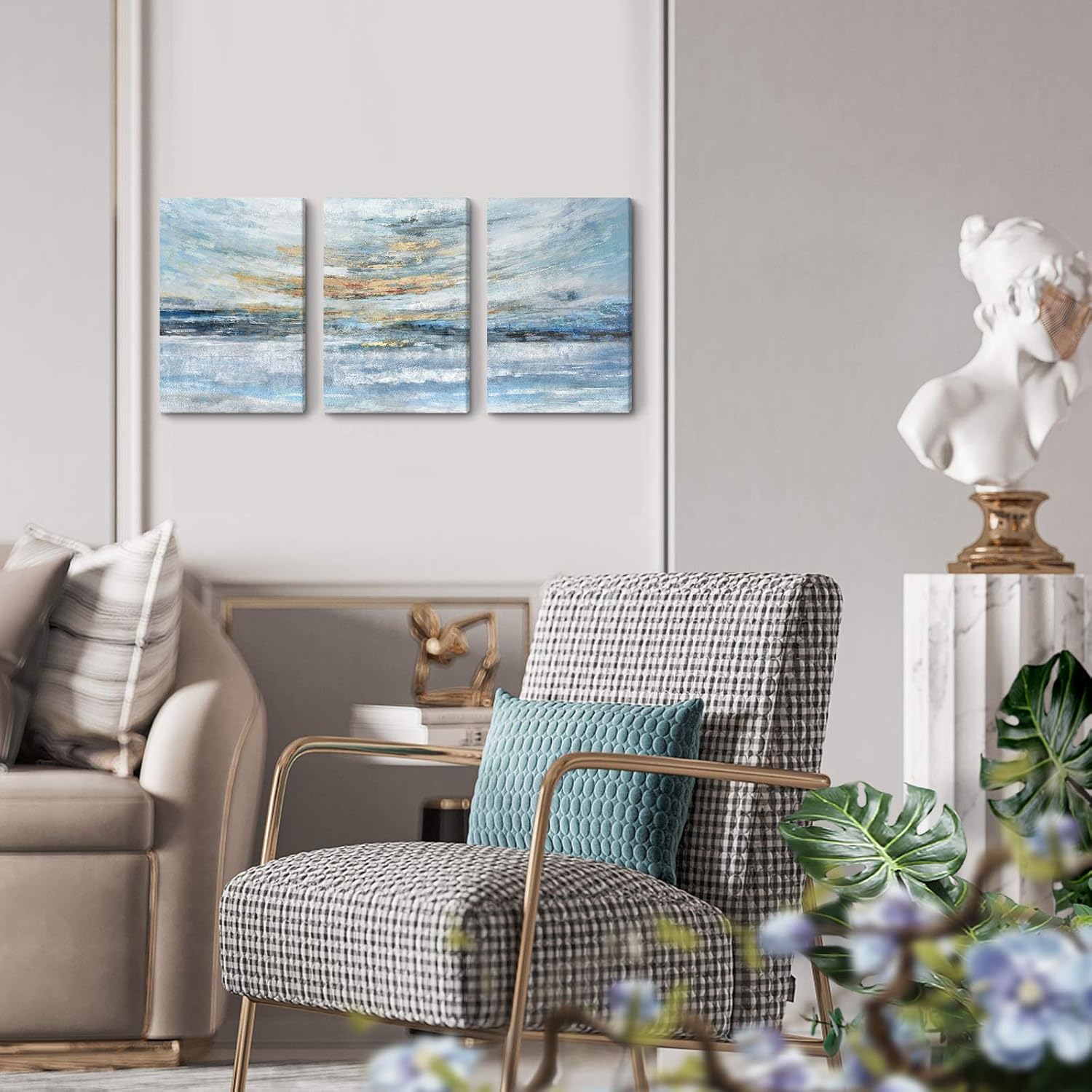 Abstract Canvas Wall Art for Bedroom 3 Piece Ocean Painting Coastal Theme Artwork Blue and Yellow Sunset & Sunrise on the Beach Seascape Picture for Bathroom Living Room Light 12x16inchx3 panel