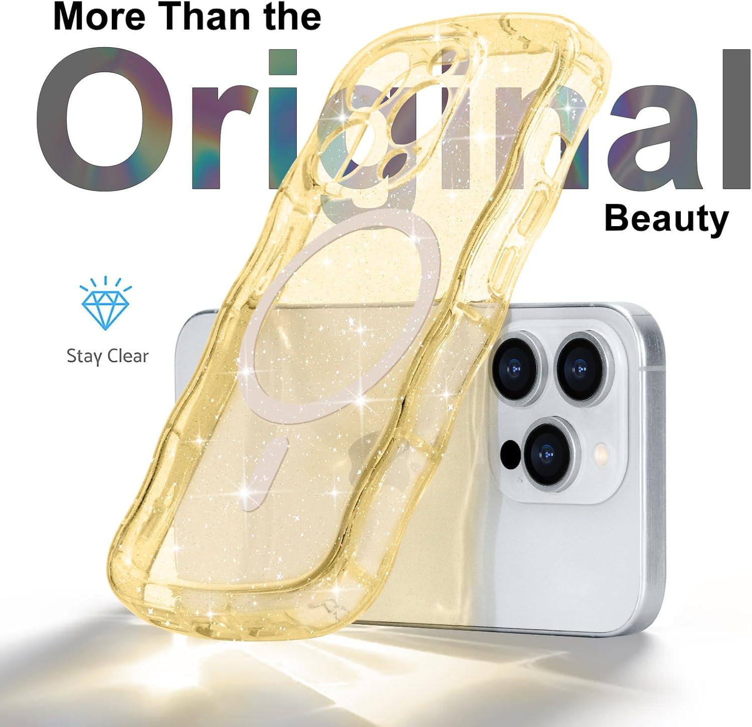 Magnetic for iPhone 14 Pro Max Case Clear, Sparkly Bling Glitter Cute Curly Wave Cover for Women Men Compatible with MagSafe TPU Shockproof Protective Phone Case for iPhone 14 Pro Max, Gold - Image 3