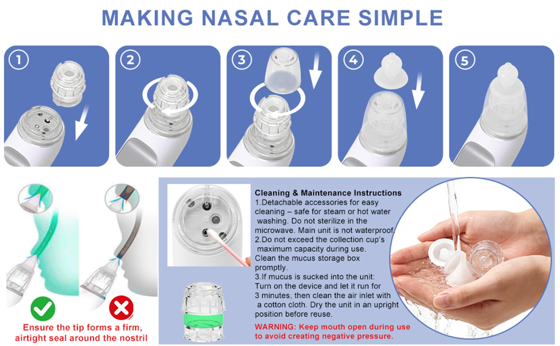 Aspirador nasal eléctrico para bebé, ventosa de nariz impermeable para niños pequeños, limpiador de nariz con 3 puntas de silicona, 3 niveles de succión ajustables, ventosa de bebé con