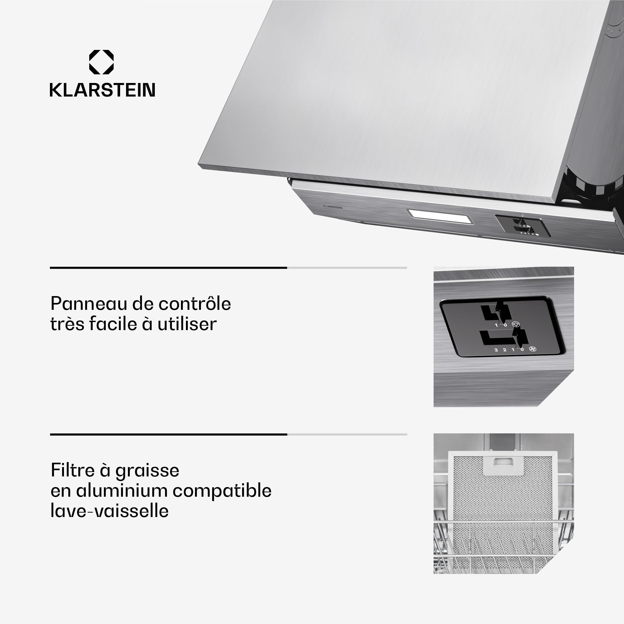 Klarstein Swift Square Hotte Aspirante, 60cm Hotte Cuisine Aspirante, Débit 380 m³/h, Double Moteur AC, Éclairage LED 2W, Filtre à Charbon Actif, Classe Énergétique C, Commande Tactile