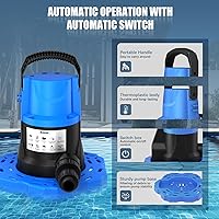 Vista 4 de Bomba automática de cubierta de piscina de 1 HP, bomba sumergible de 5000 GPH 115V con adaptador de válvula de retención de 3/4 pulgadas y cable