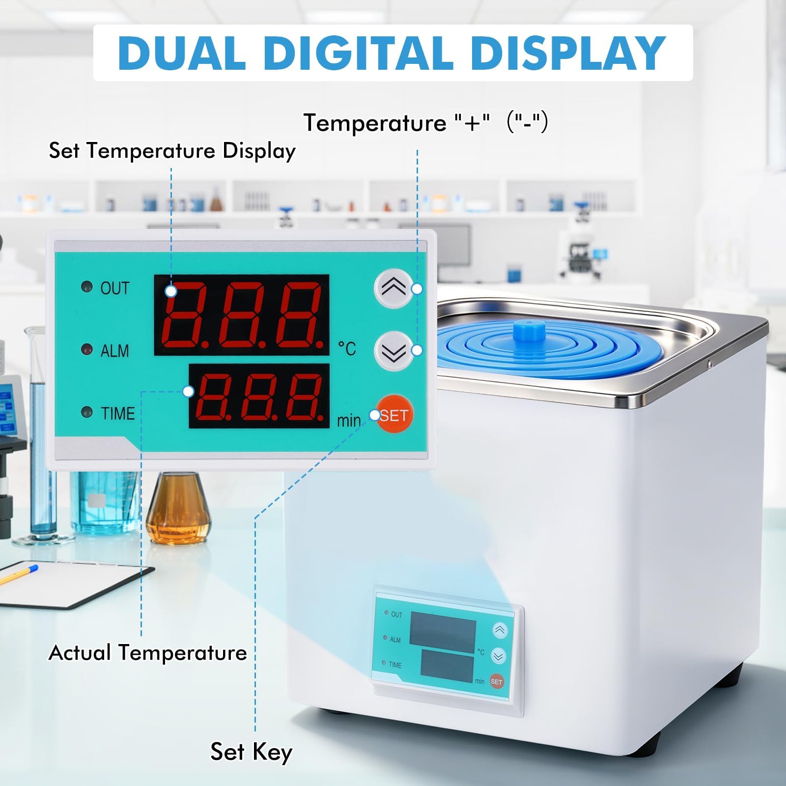 Calentador digital de baño de agua con temporizador y control de temperatura, forro de acero inoxidable y cubierta protectora, 3 L para uso en laboratorio, función anticombustión en seco
