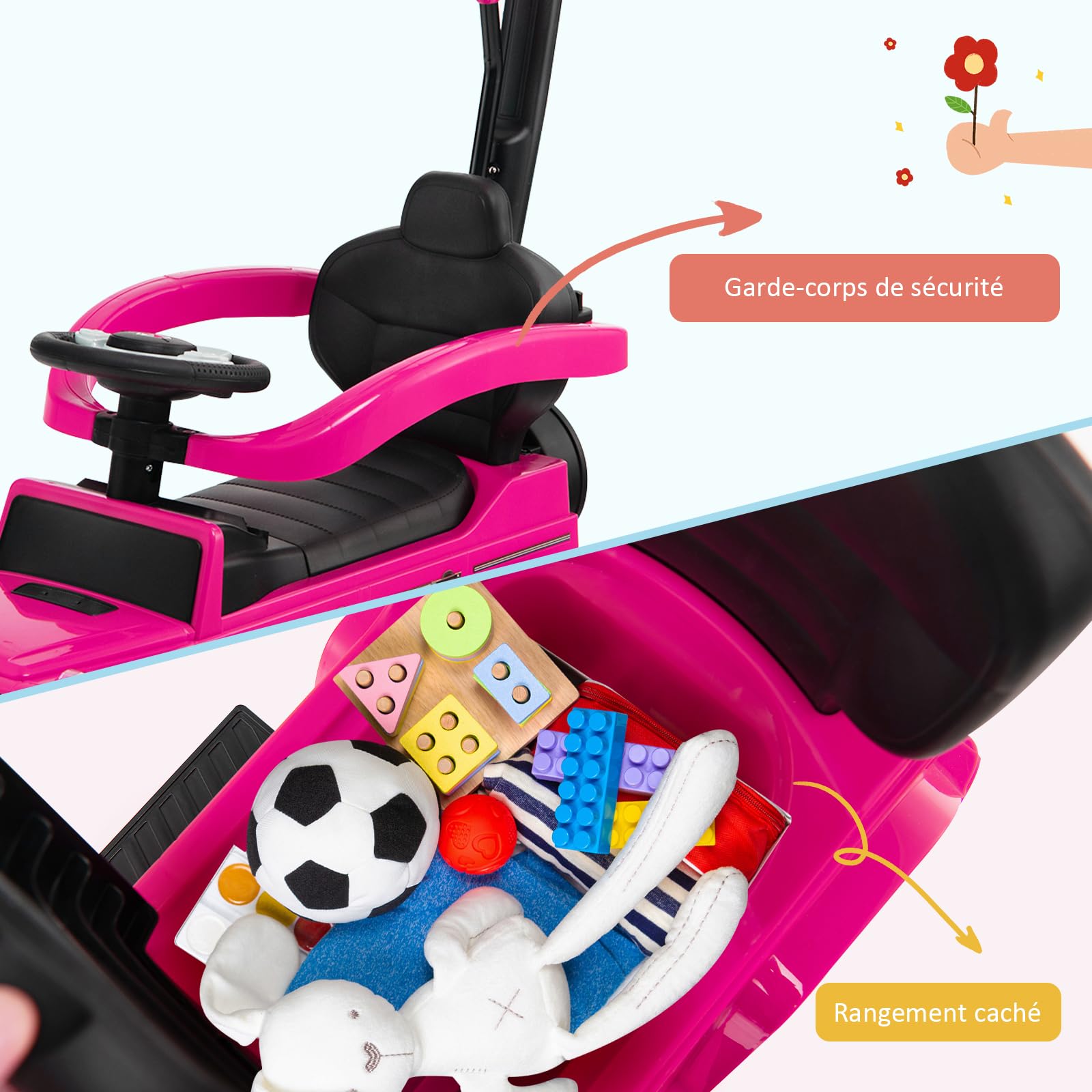 COSTWAY 3 en 1 Mercedes-Benz Porteur Enfant avec Poignée Détachable & Auvent Amovible, Voiture à Pousser Bébé avec Volant & Klaxon, Espace Caché & Repose-Pieds, Charge 25kg pour 1-3 Ans (Rose)