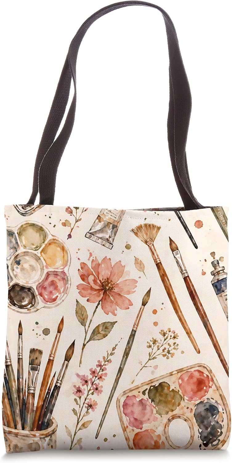 Watercolor Paint Palette and Brush Floral Design for Artists Tote Bag