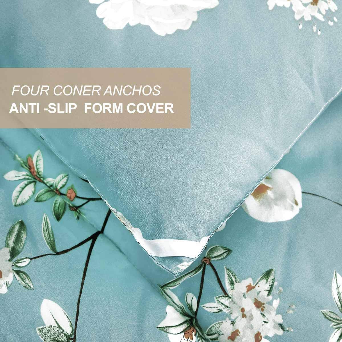 Nanko Comforter Set Queen Size,Teal 88 x 90 inch Reversible Down Alternative Comforter Microfiber Duvet Sets (1 Comforter + 2 Pillow) Country Style Floral Leaf Vintage Flower Print Bedding, Green