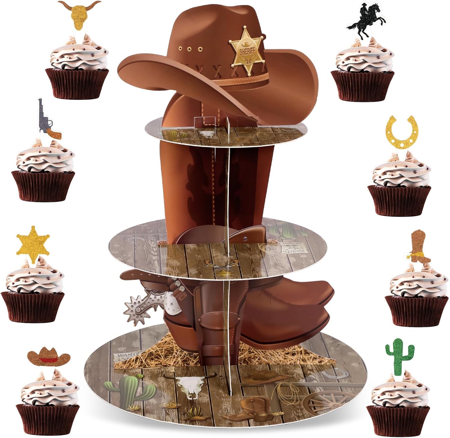 3 Tier Western Cowboy Cupcake Stand with 24 Cake Toppers Birthday Party Decorations Cowboy Theme Dessert Cardboard Stand Tower Wild West Party Cupcake Holder Tower for Boys Baby Shower Supplies Favors