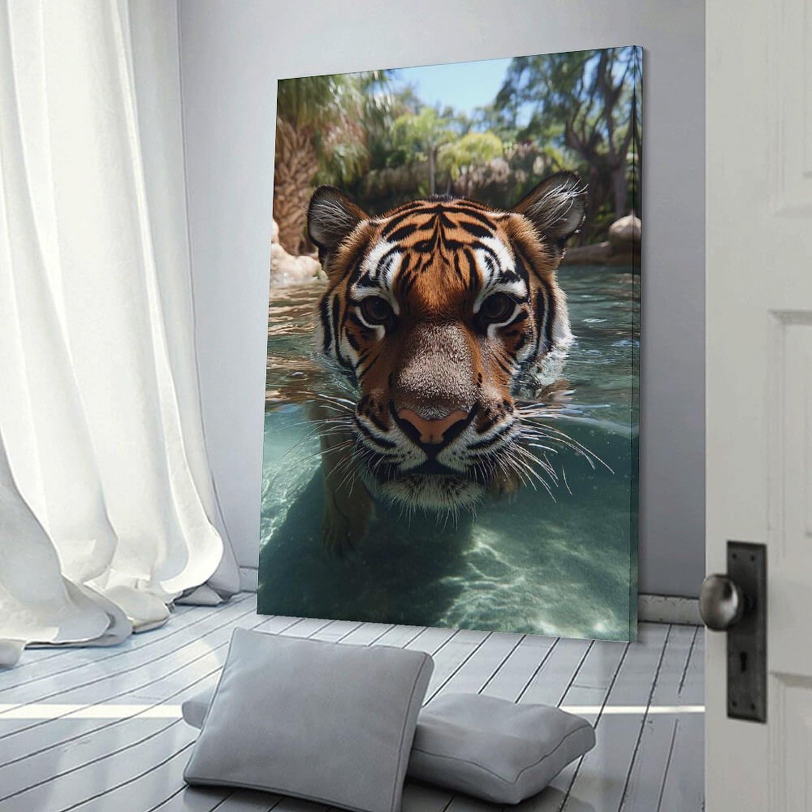 Junmoney Tiger Swimming in Clear Water Decorative Wall Artwork, 08x12inch(20x30cm), for New Homes, Bedrooms Or Workspaces, Gift Idea for Housewarming And Birthdays