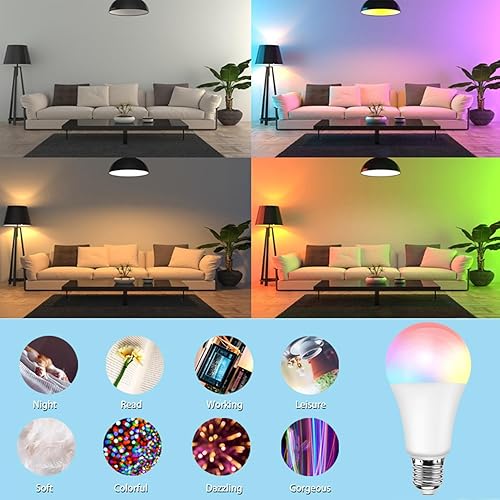 Miniatura 4 de Bombilla RGB que cambia de color con control remoto, bombilla LED RGB de 9 W A19 E27 6500K blanco, 12 opciones de color, bombilla de inundación
