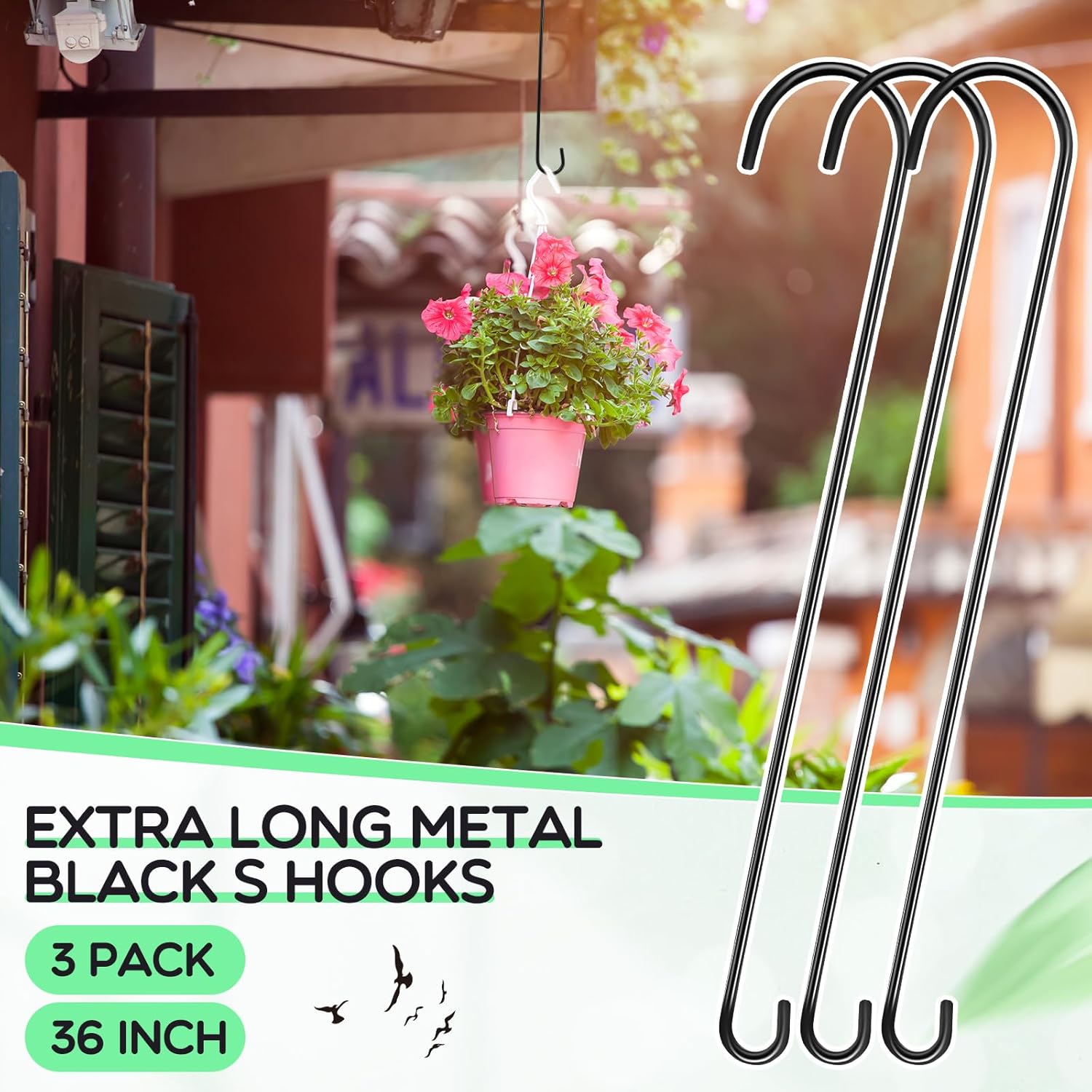 3 Pack 36 Inch Extra Long S Hooks for Hanging Plants, Heavy Duty Metal Tree Branch Hangers for Bird Feeders Flower Baskets Lanterns Black Vinyl Coated Garden Extension Hooks