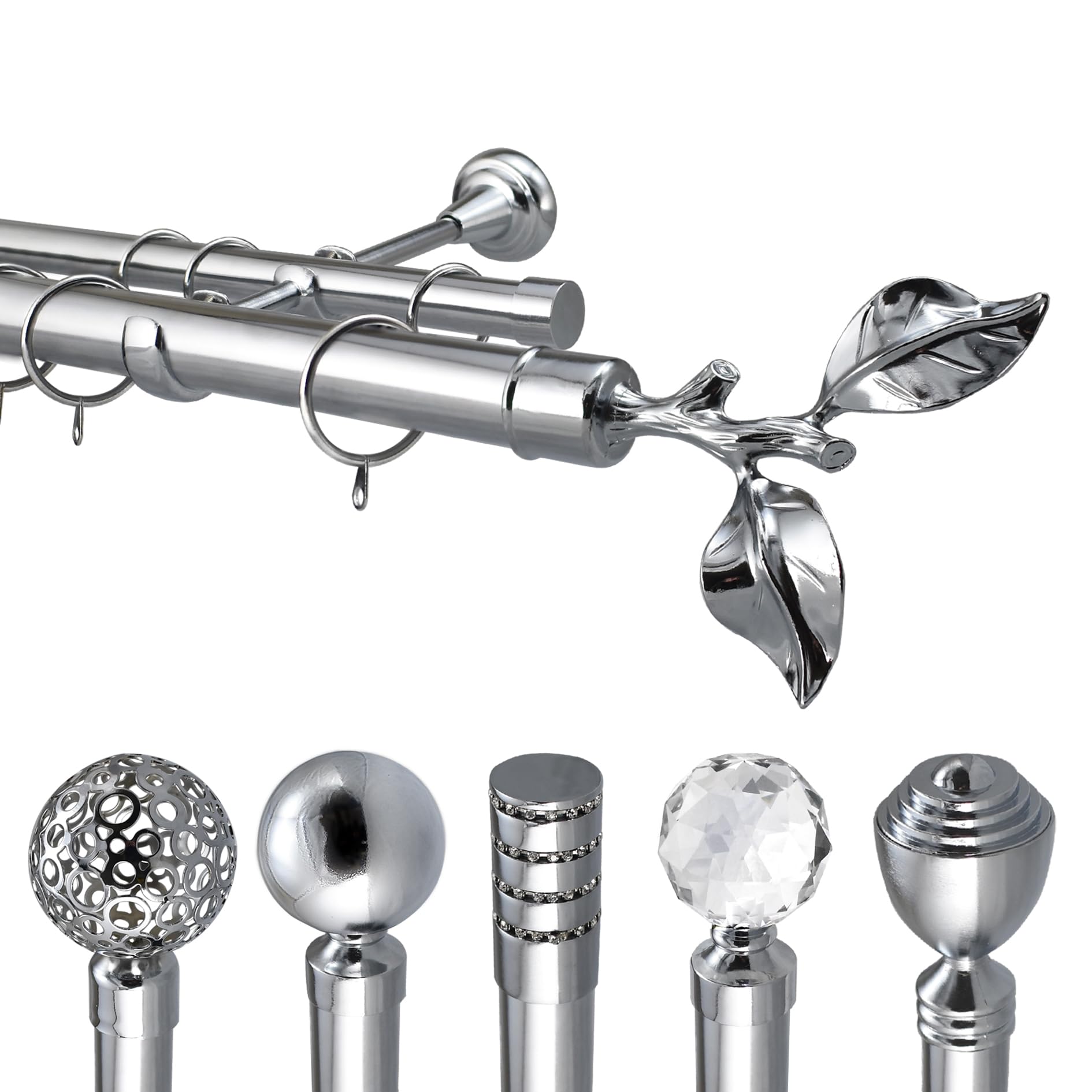 Your Home Online Metal Double Extendable Curtain Pole Rail Rod Polished Chrome 28mm & 19mm (1m -2m Extendable, Tallinn Finial Ends)