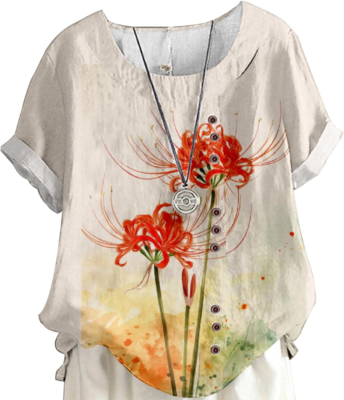 MARSVOVO Flower Blouse for Women Decorative Buttons Vintage Short Sleeve U Neck Oversize Loose Boho Top Women