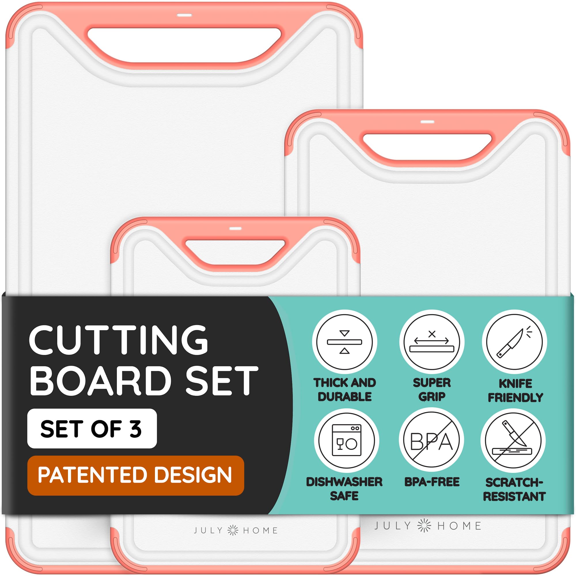 Cutting Boards for Kitchen, Plastic Cutting Board Set of 3, Dishwasher Safe Cutting Boards with Juice Grooves for Meat, Veggies, Easy Grip Handle,