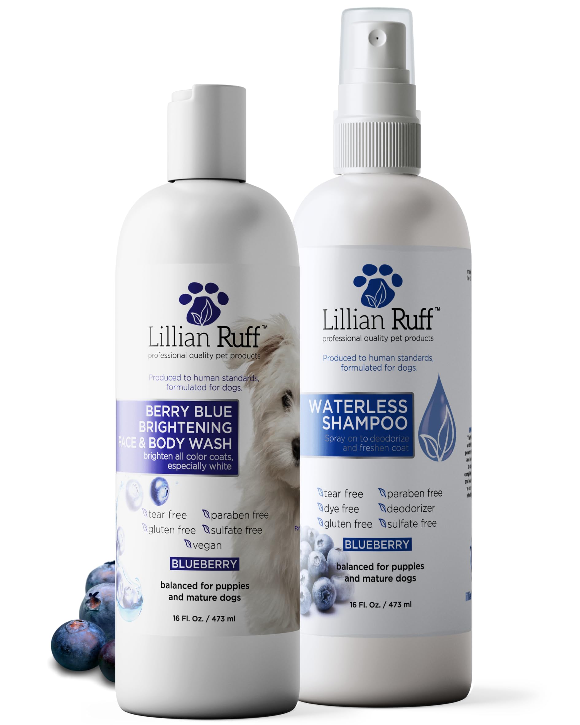 Lillian Ruff Berry Blue Brightening Face and Body Shampoo & Waterless Shampoo Set for Dogs & Cats - Tear Free Blueberry Conditioner & Waterless Shampoo - Remove Tear Stains Brighten & Whiten Coats