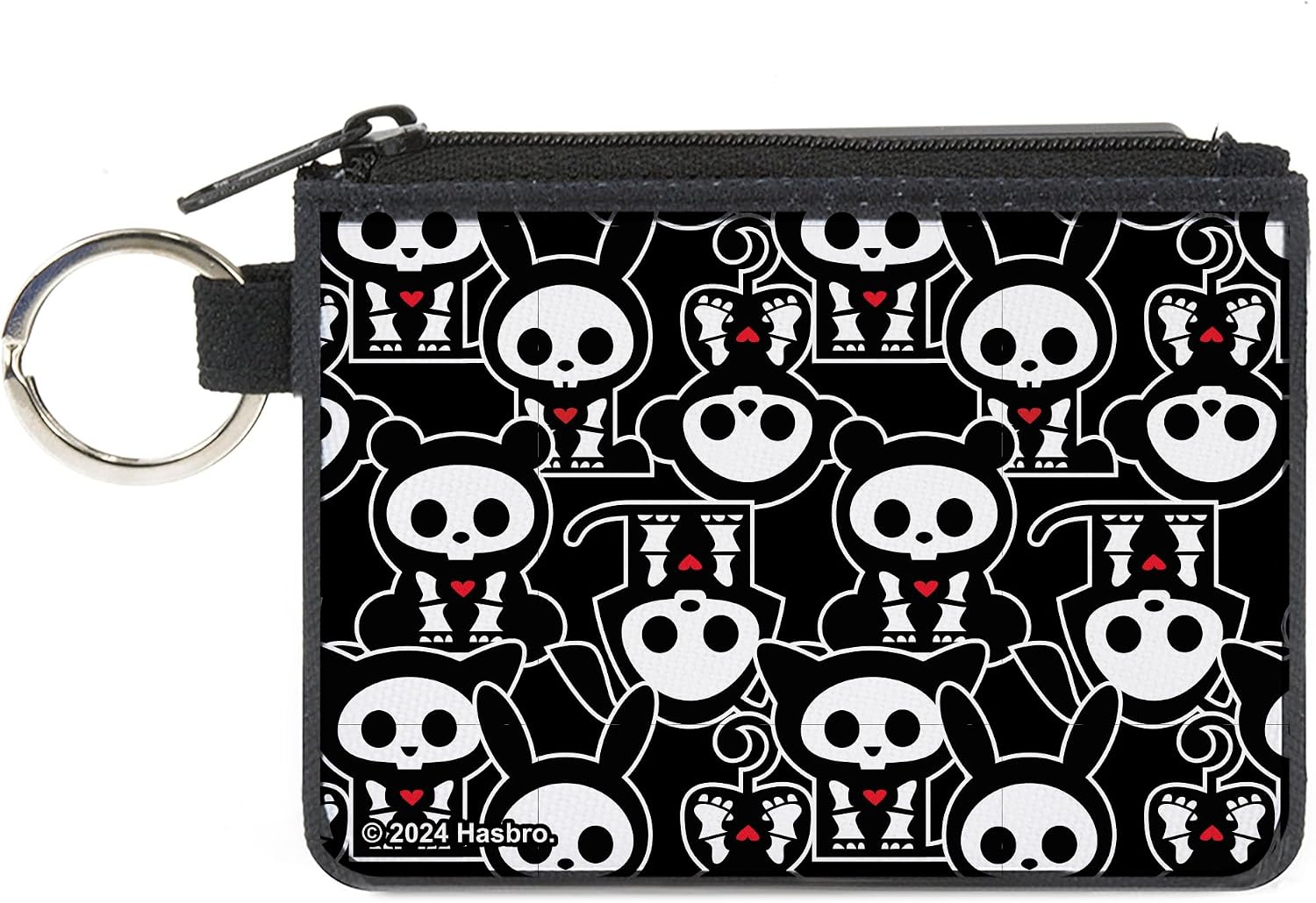 Buckle-Down Skelanimals Wallet, Zip Pouch, Skelanimals Animal Flip Poses Stacked Black White Red, Canvas