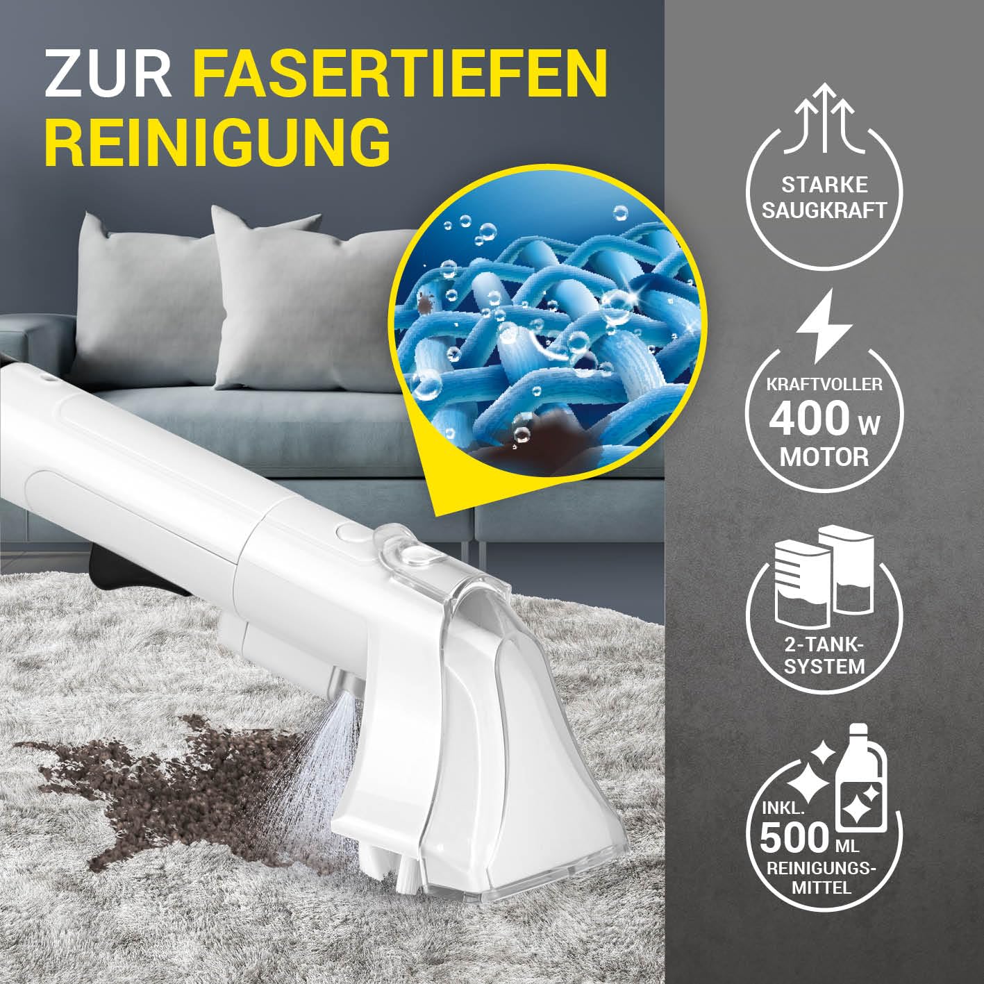 Waschsauger Portable Clean | Inkl. Reinigungsmittel | Polster- und Teppichreiniger, leicht und kompakt | Fleckenentferner, leistungsstarker 400 Watt Motor, Frisch- und Schmutzwassertank