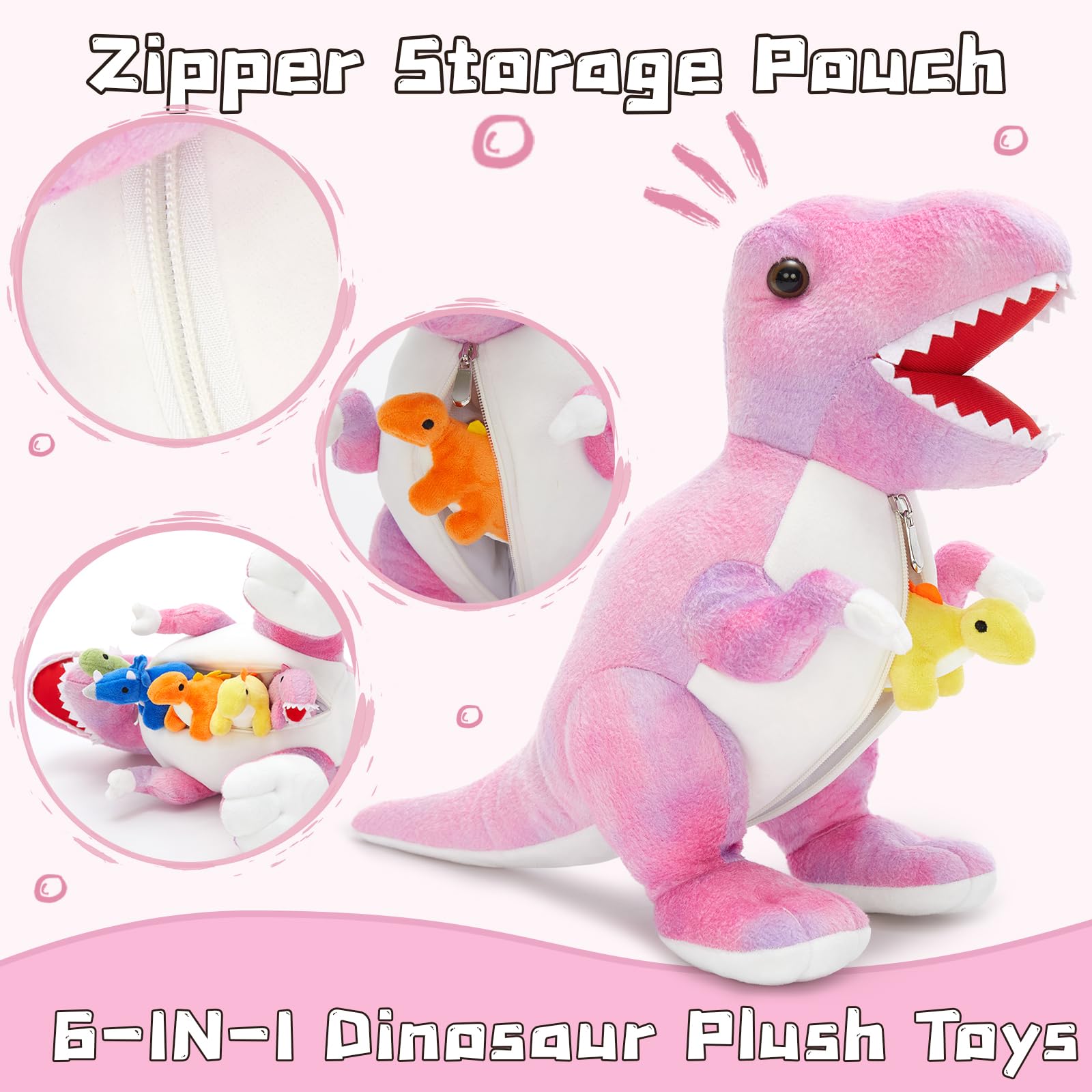 MorisMos Big Dinosaur Teddy Stuffed Animal, 50cm Pink Cuddly Fluffy Mom with 5 Babies Inside, Large T-Rex Soft Toys Kawaii Dino Present for Kids Birthday Christmas Deco — view 4