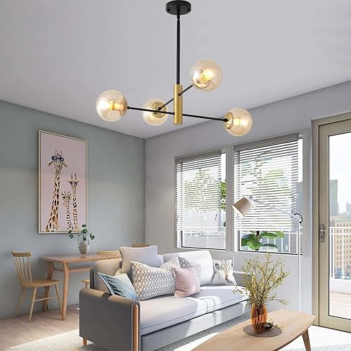 Miniatura 3 de Candelabro Sputnik con 4 luces de globo de cristal, lámpara de comedor con pantalla ámbar, lámpara de mediados de siglo, lámpara de techo clásica