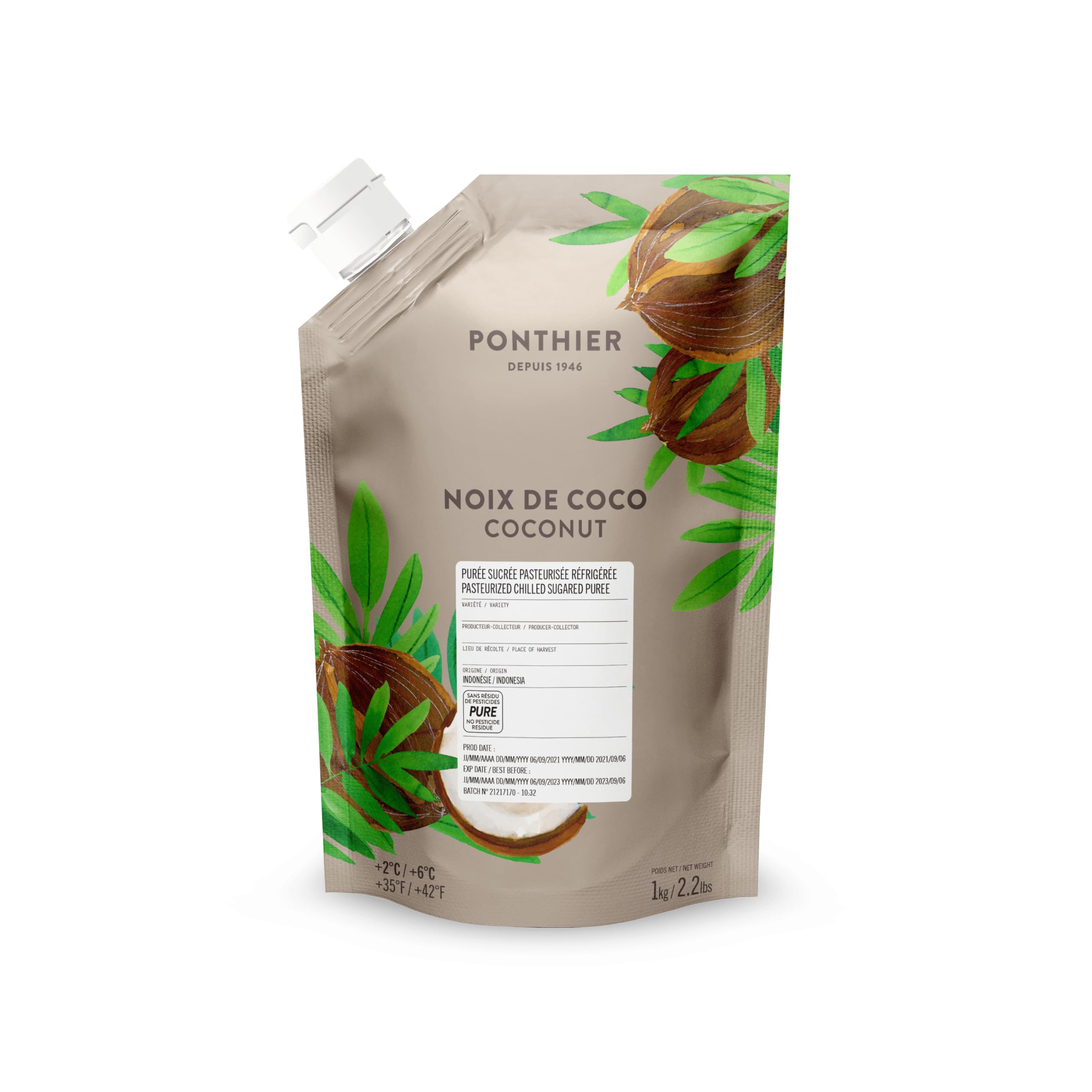 PONTHIER Kokos Püree 1 kg – Kokosnuss Fruchtpüree mit cremiger Textur, für Eis, Sorbet, Smoothies, Desserts, Cocktails, Bowls, Bar & Patisserie