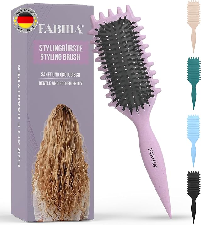 𝐏𝐑𝐄𝐌𝐈𝐔𝐌 Lockenbürste - Curly Hair Brush - Bio Haarbürste ohne ziepen - Wildschweinborsten Bürste - Die Originale 3-in-1-Stylingbürste für trendige Lockenfrisuren (Lilac)