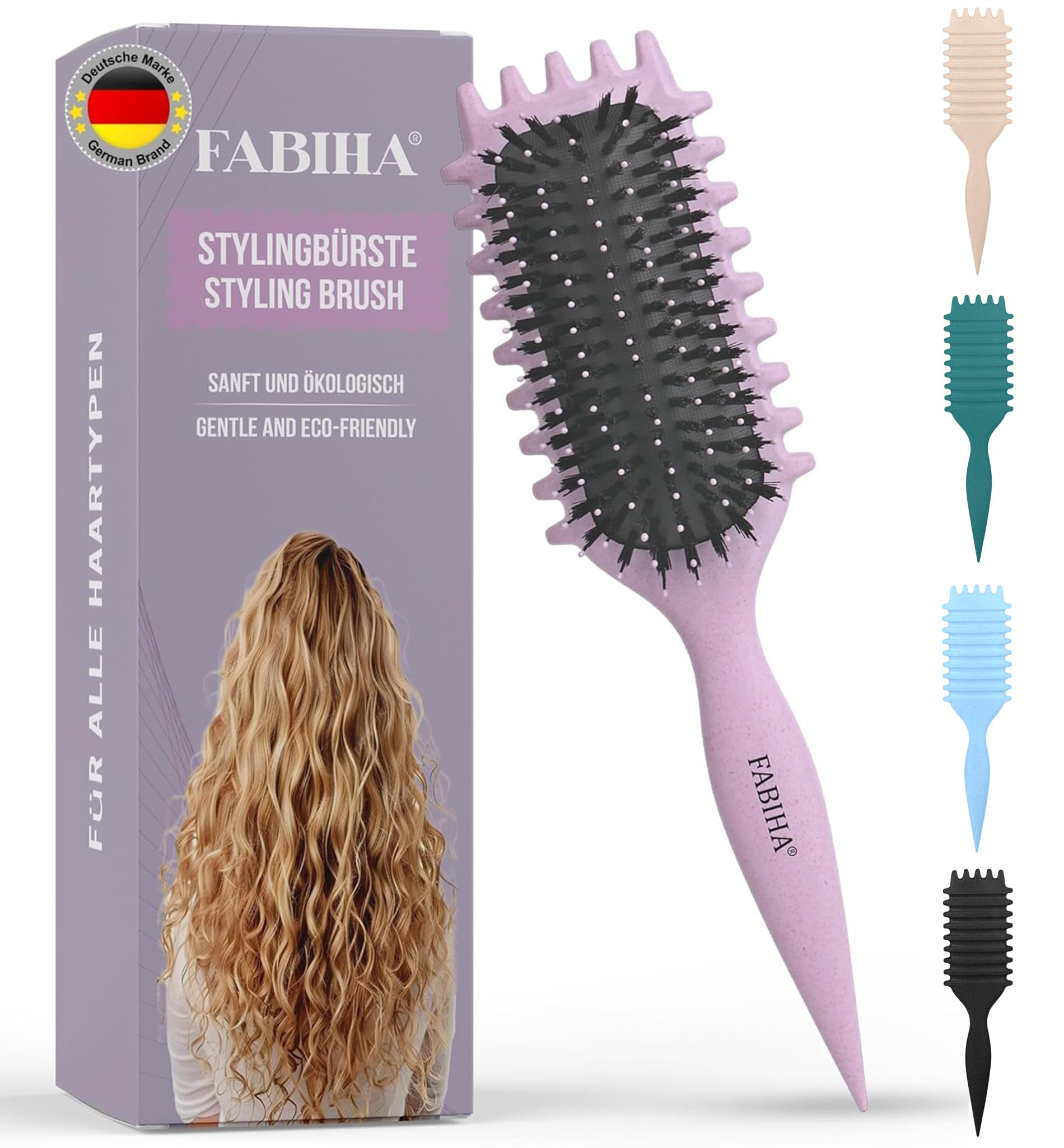 FABIHA® 𝐏𝐑𝐄𝐌𝐈𝐔𝐌 Lockenbürste - Curly Hair Brush - Bio Haarbürste ohne ziepen - Wildschweinborsten Bürste - Die Originale 3-in-1-Stylingbürste für trendige Lockenfrisuren (Lilac)
